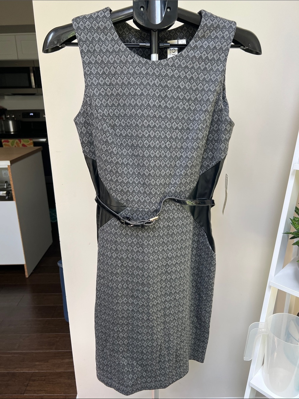 Soho Apparel Gray Geometric Sheath Dress with Black Trim